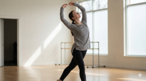 Beginner contemporary dancer performing a fluid expressive pose in a modern dance studio