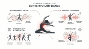 Infographic showing the four common elements of contemporary dance: body movement and flow, rhythm and expression, choreography and storytelling, and improvisation
