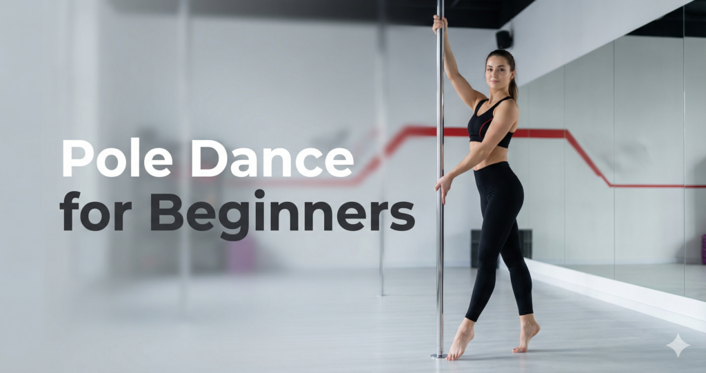 Pole dance beginner practicing basic pose with confidence